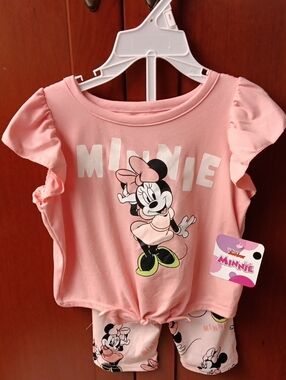 Minnie Mouse 3T Pink Ruffle Sleeve Top & Shorts 2pc Set Disney Junior New